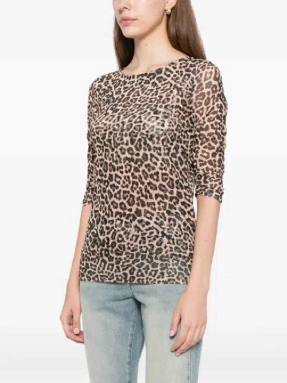 JOHNNY WAS Ruched Sleeve Mesh Top in Leopard in Multi | Size Medium